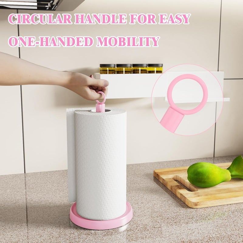 HZE Pink Paper Towel Holder Countertop, Pink Kitchen Accessories Decor, One-Handed Tear, Stainless Steel, Weighted Base, Ring Paper Towel Holder Stand with Ratchet System for Kitchen Farmhouse Essentials - Image 3